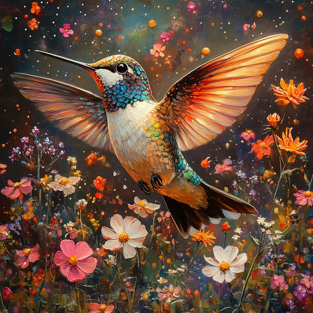 蜂鸟飞舞花丛间