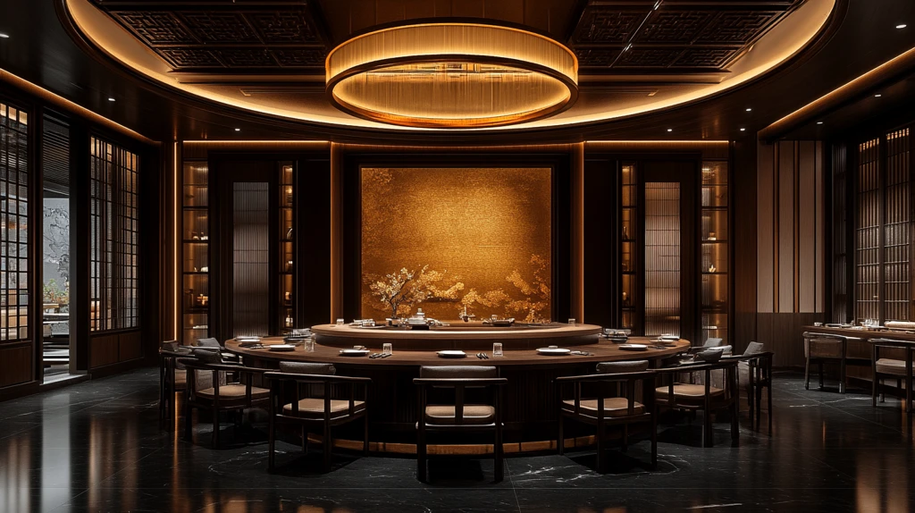 圆形餐厅木桌金灯