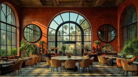 镜面餐桌与藤椅空间