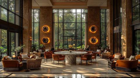 镜面餐桌与藤椅空间