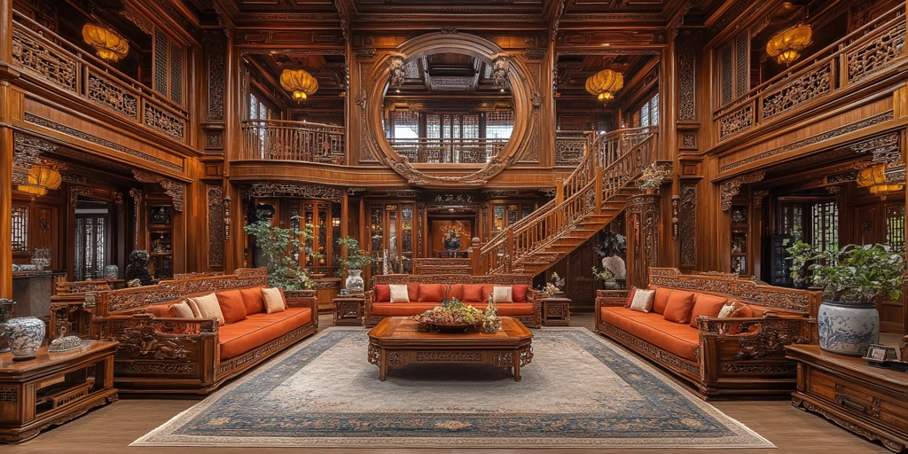 中式黄褐木雕刻复式