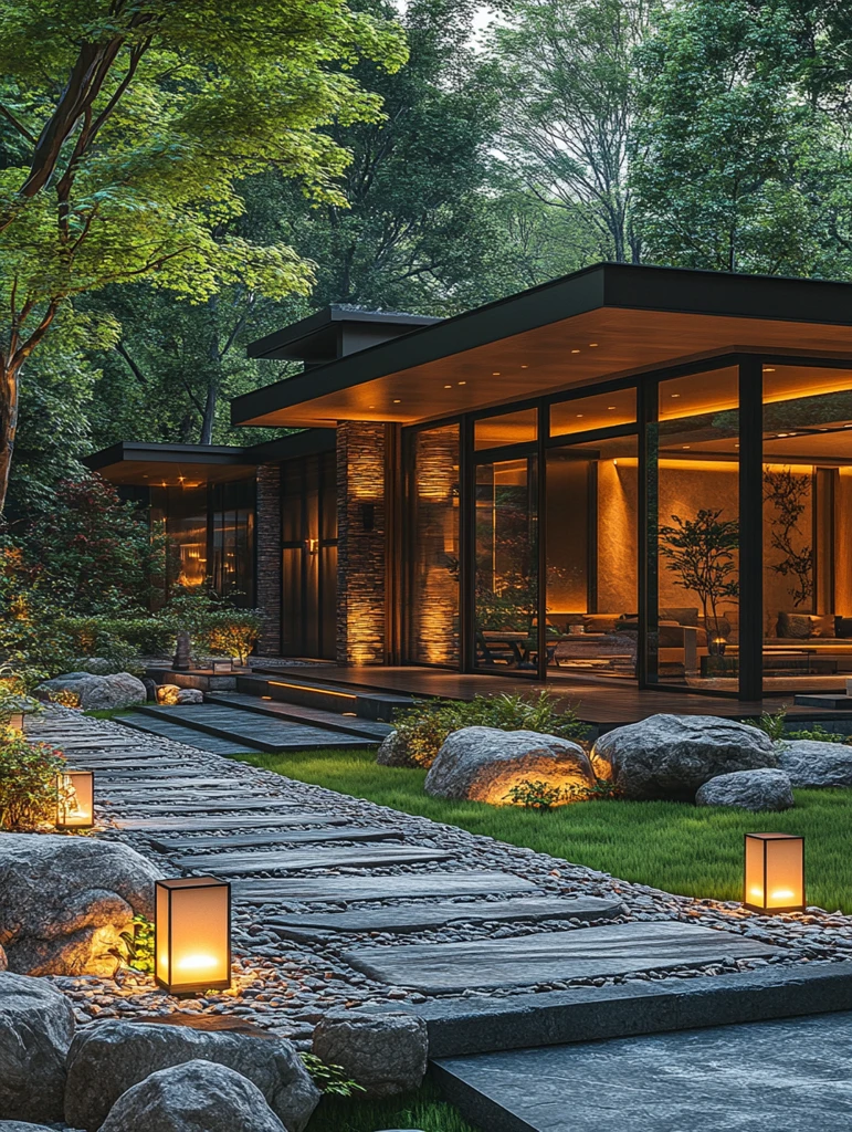 石路两旁长草坪灯