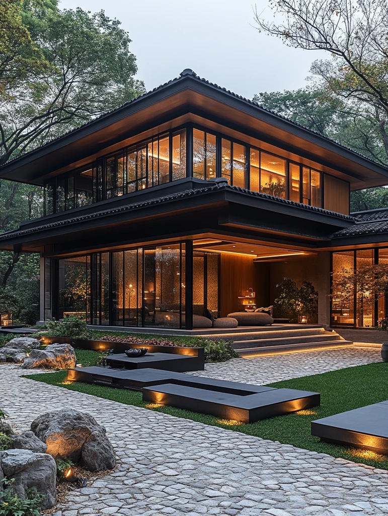 石路两旁长草坪灯