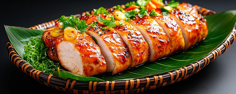 香蕉叶上的鸡肉切片