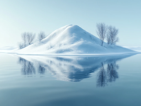 雪覆山坡水影