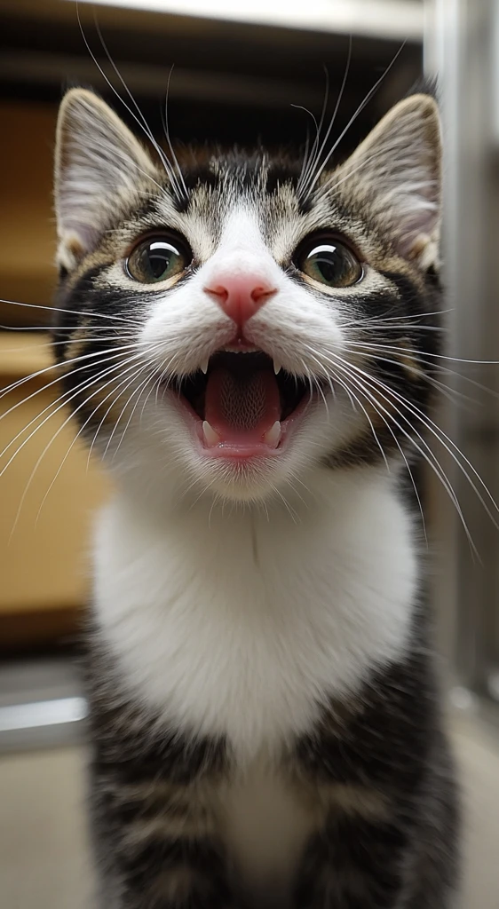 黑白猫坐地看镜头