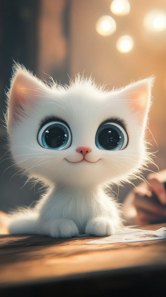 白猫坐桌微笑图