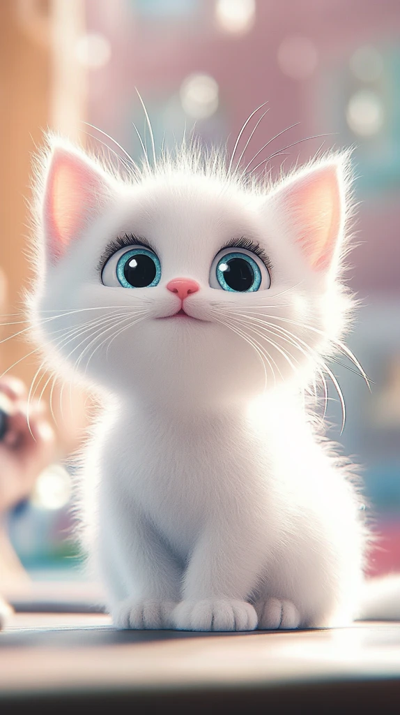 白猫坐桌微笑图