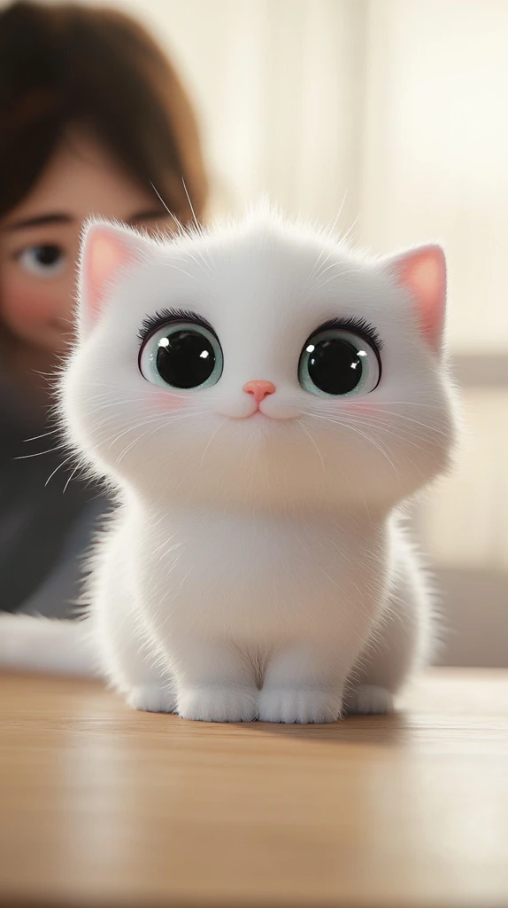 白猫坐桌微笑图