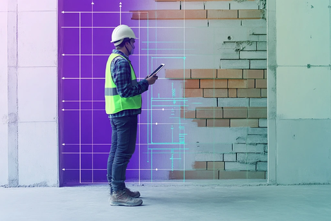 工人用平板测量建材