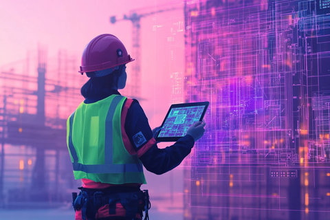 工人用平板测量建材