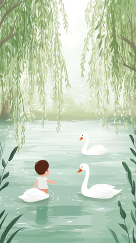 儿童与天鹅嬉戏