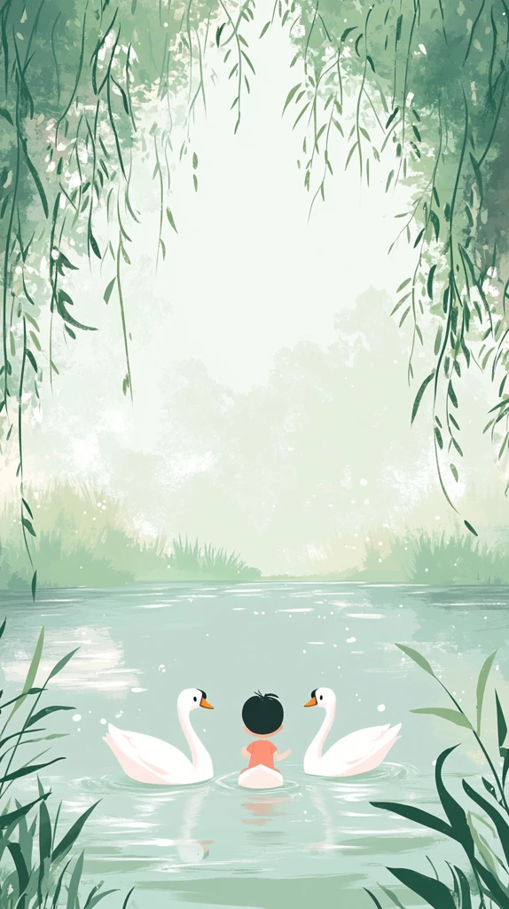 儿童与天鹅嬉戏