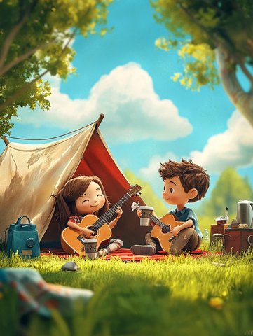 女孩男孩草地玩乐