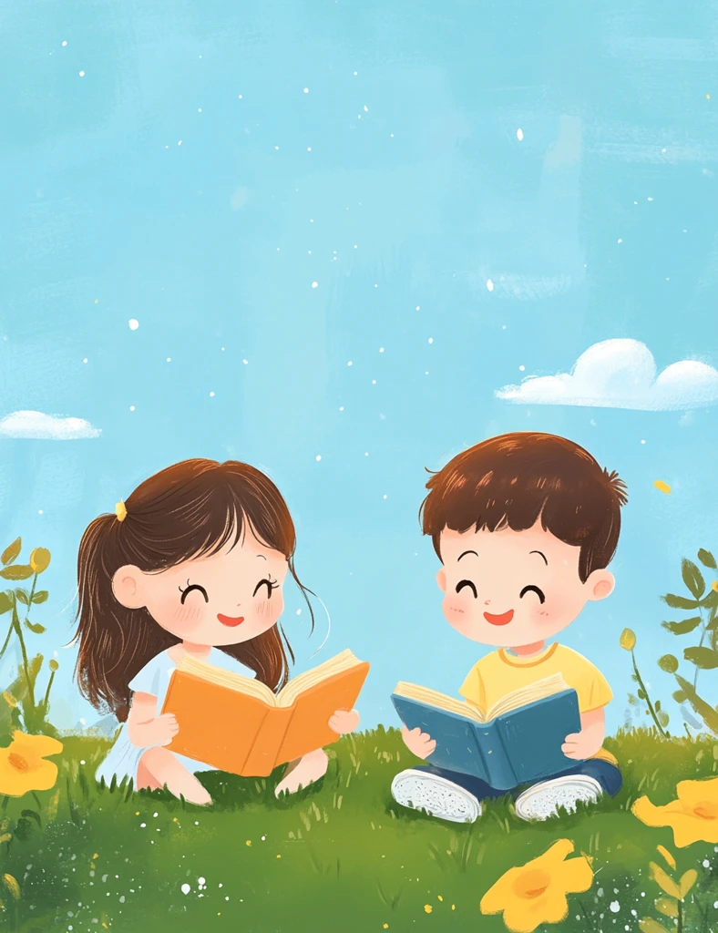 女孩男孩草地读书