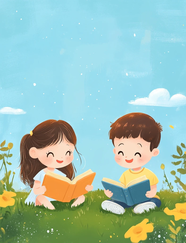 女孩男孩草地读书