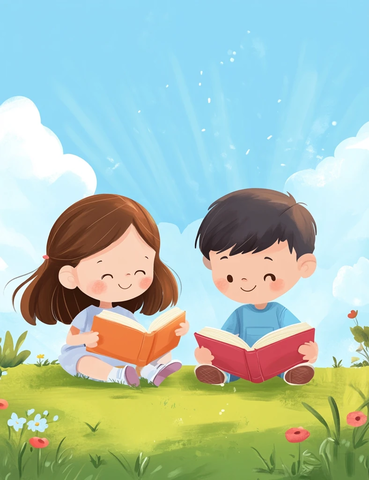 女孩男孩草地读书