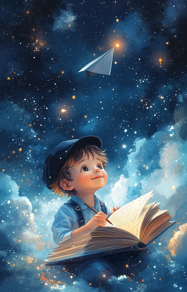 男孩书上飞行写字