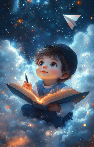 男孩书上飞行写字