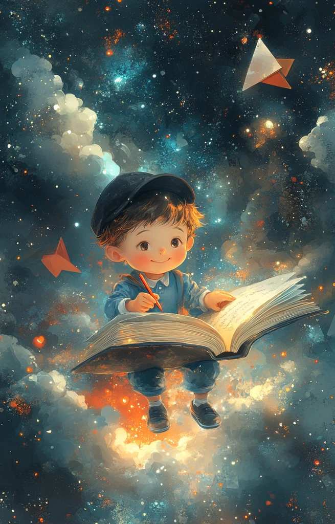 男孩书上飞行写字