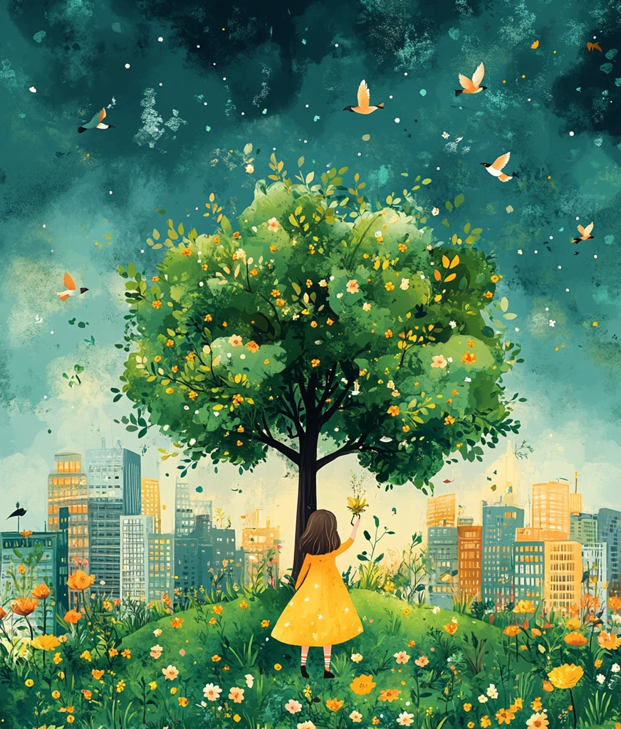 女孩浇水树背景