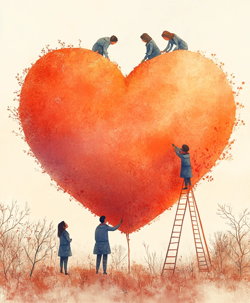 三人修补桃心桃