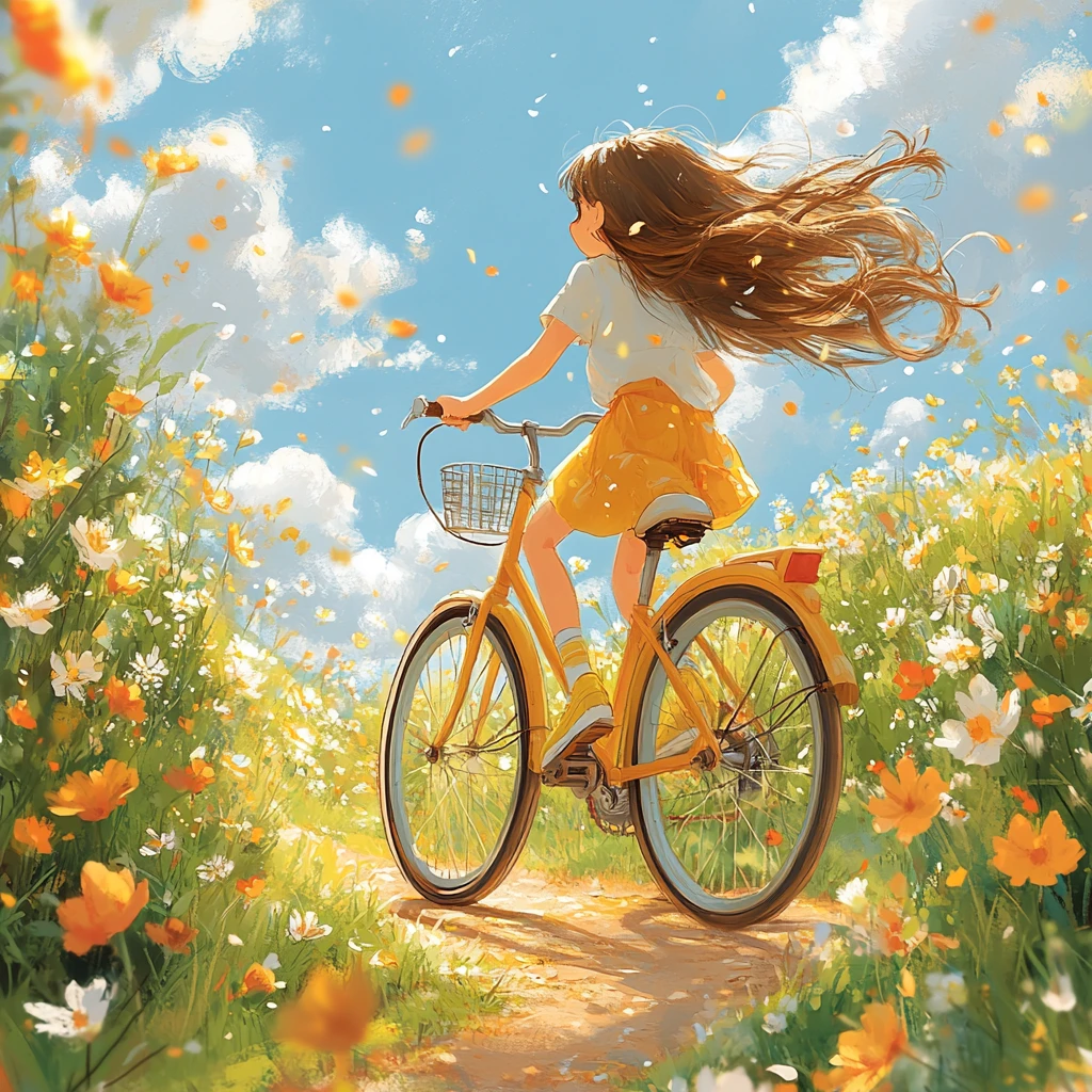 女孩骑车公园风景