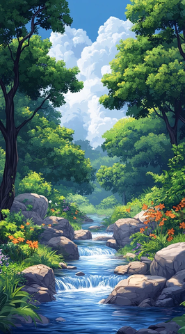 绿树蓝天河流图