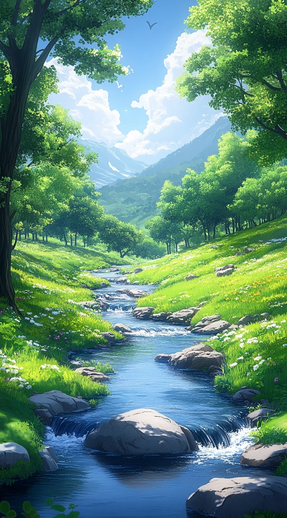 绿树蓝天河流图