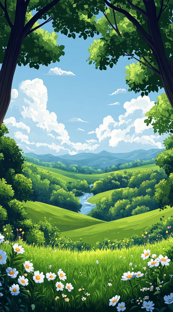 绿树蓝天河流图