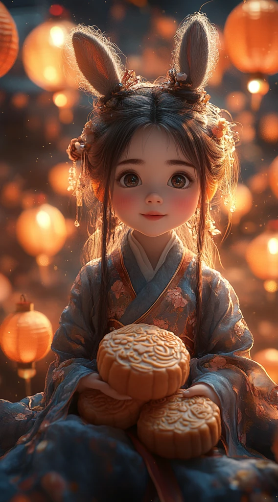 兔耳女孩坐月餅
