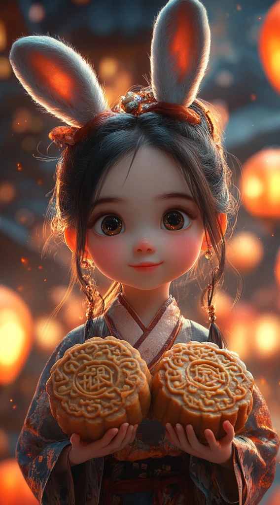 兔耳女孩坐月餅