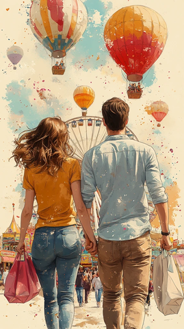 夫妻牵手奔向摩天轮