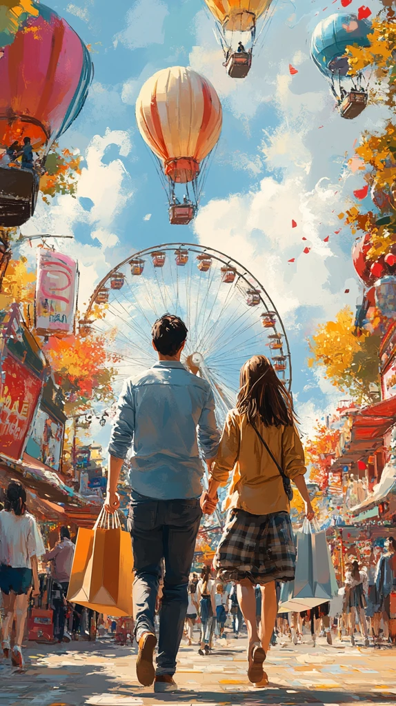 夫妻牵手奔向摩天轮