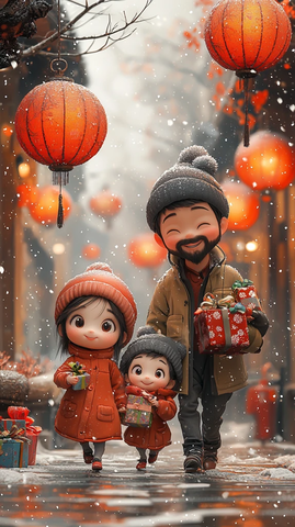 儿童与父母携礼行走