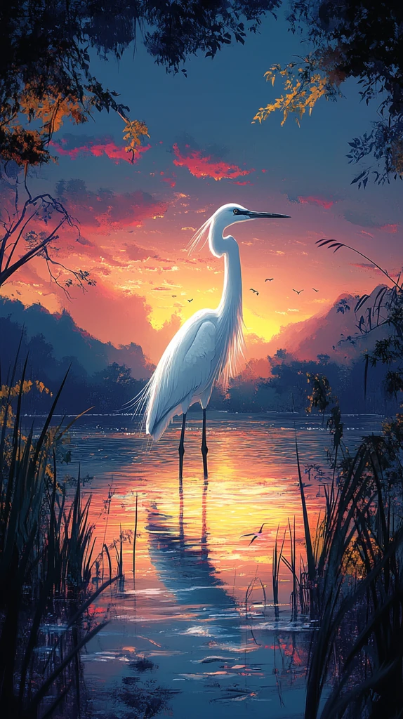 蓝紫湖泊与鹭鸟