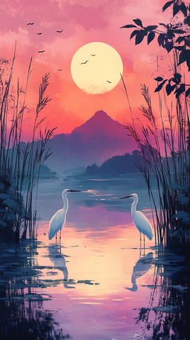 蓝紫湖泊与鹭鸟