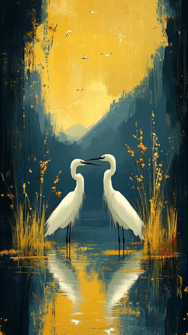 蓝紫湖泊与鹭鸟