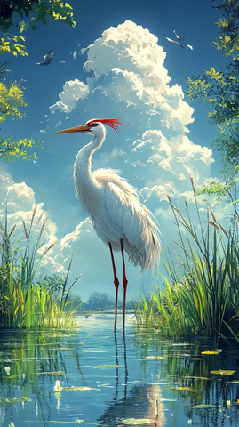 翠湖蓝天鹭鸟立