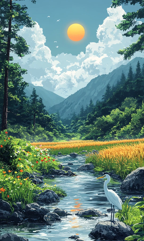 稻田河畔白鹭图