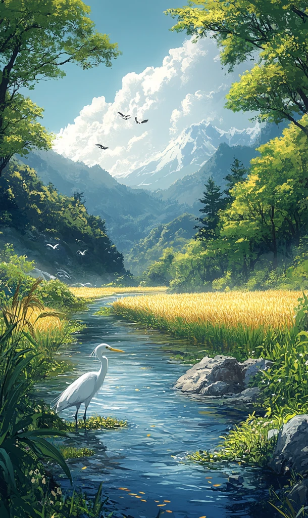 稻田河畔白鹭图