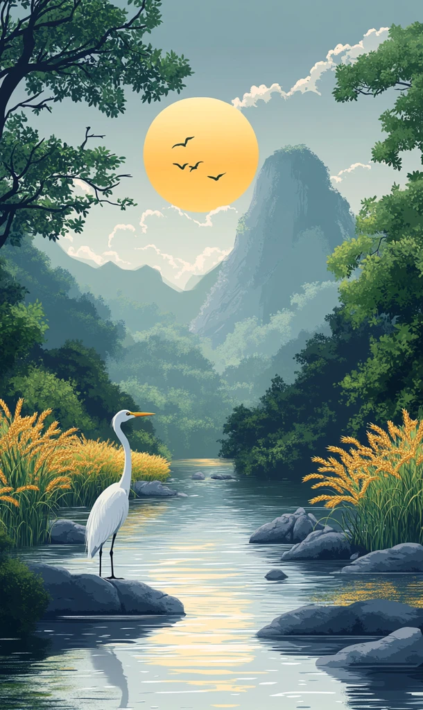 稻田河畔白鹭图