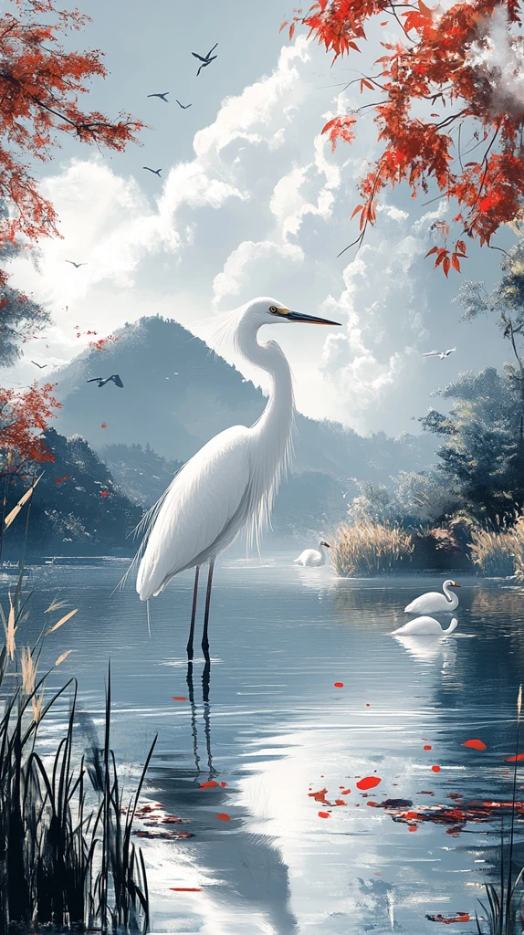 优雅白鹭湖面飞