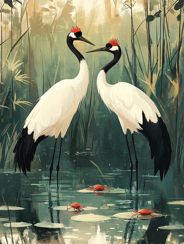 红冠鹤低头绿芦苇