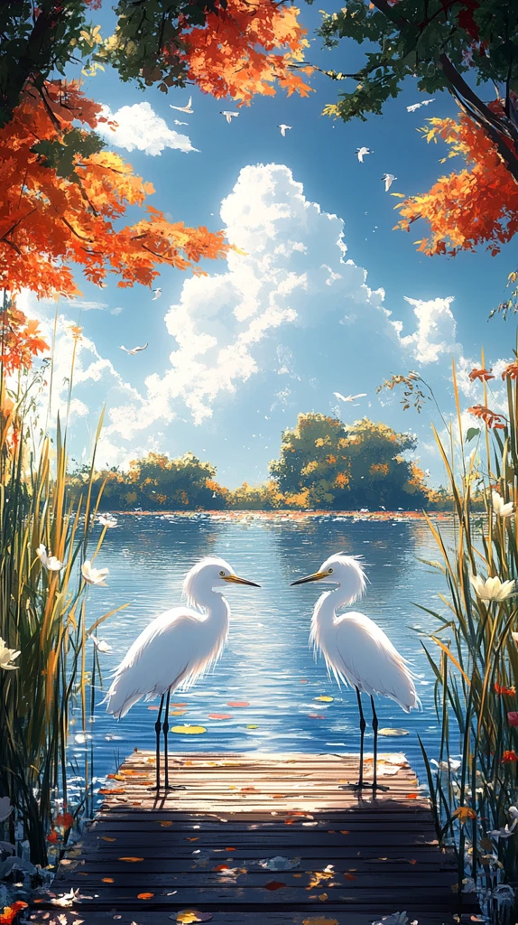 白鹭木桥湖景图