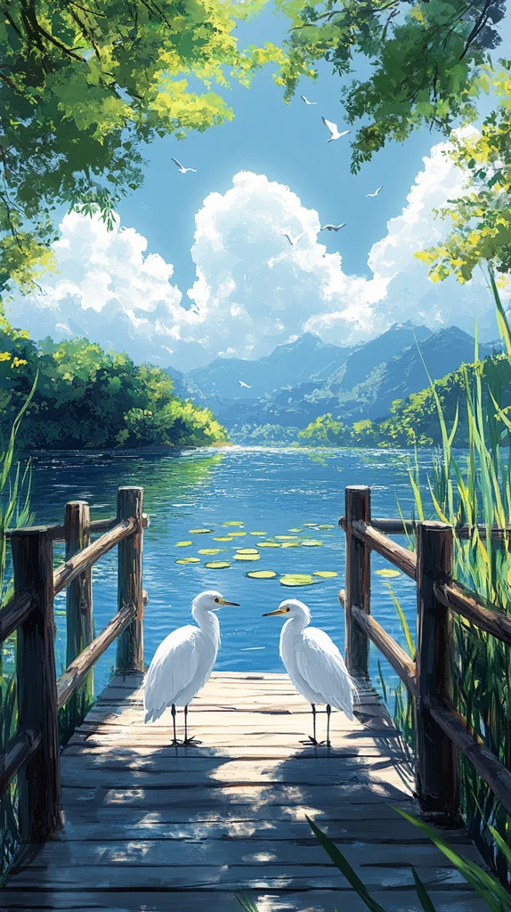 白鹭木桥湖景图