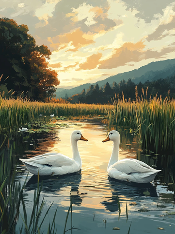 鸭群稻苗小池塘