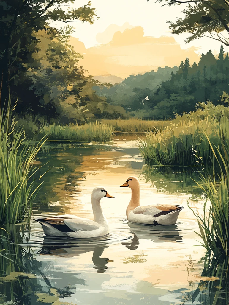 鸭群稻苗小池塘