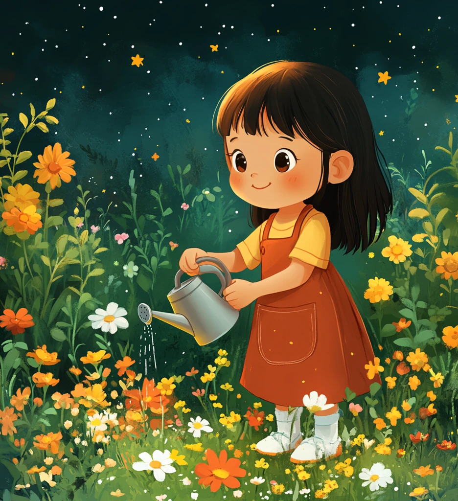 女孩浇花图