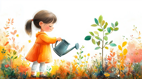 女孩浇水树苗
